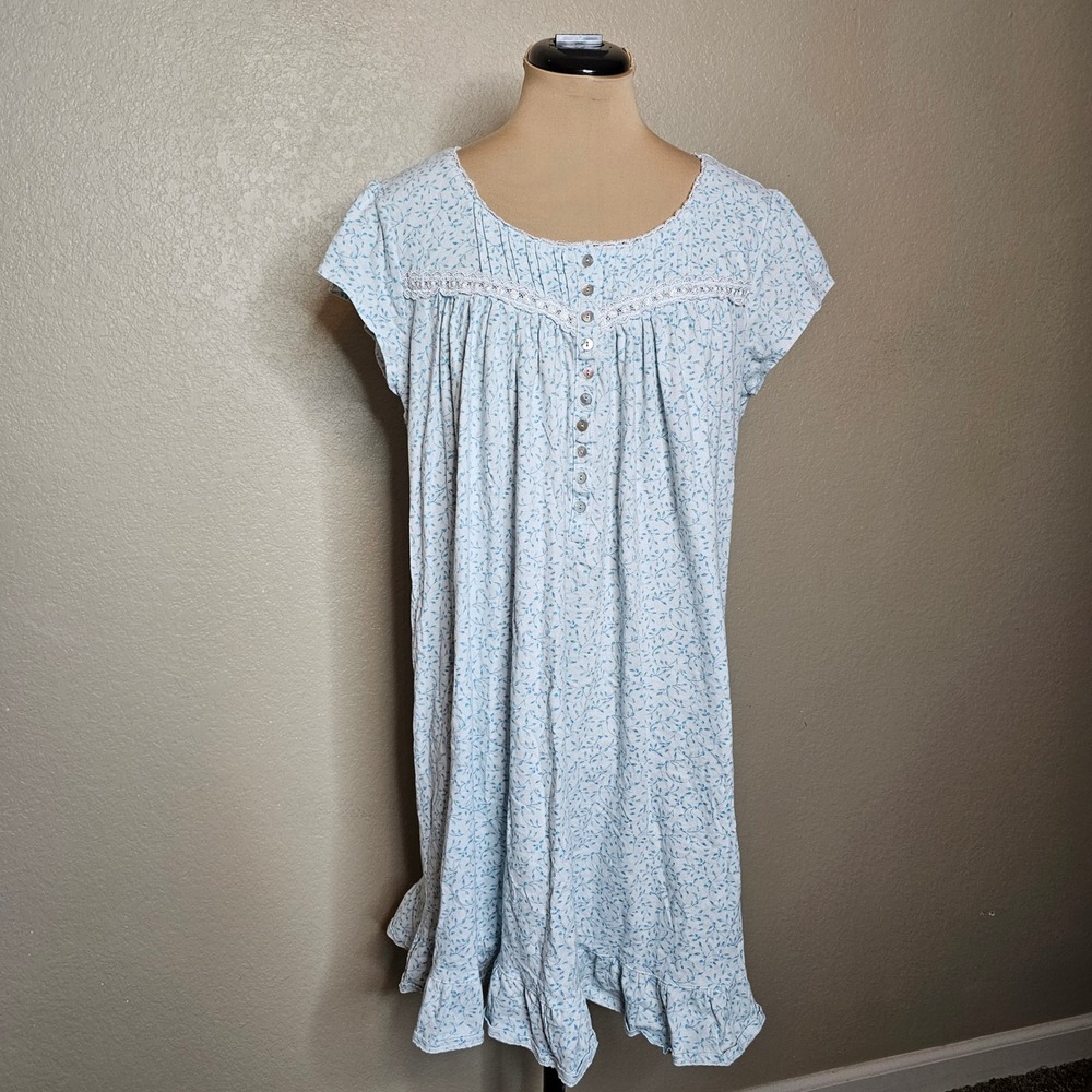 Eileen West Blue Floral Cotton Nightgown Short Sleeve Lace Ruffle Sleep Dress L